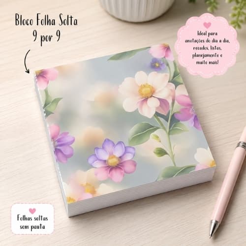 Kit 2 Blocos Folhas Soltas "Flores" 9cm por 9cm. Papelaria