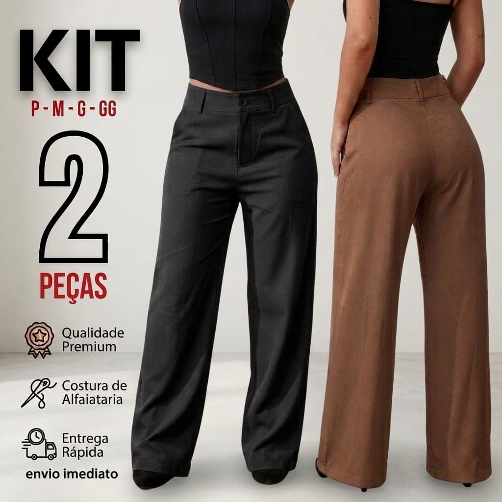 Kit 2 Calça Pantalona Feminina Alfaiataria Cintura Alta Com Bolso Wide Leg Elegante Social