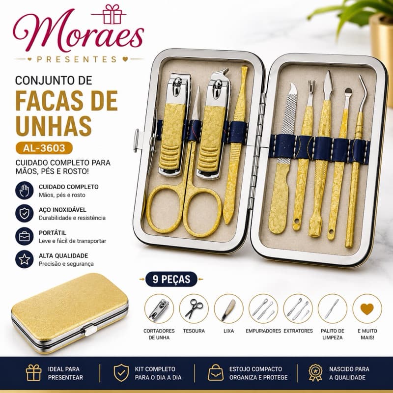 Kit Manicure AL-3603 com 9 peças, estojo portátil, compacto, resistente e ideal para mãos, pés e rosto.