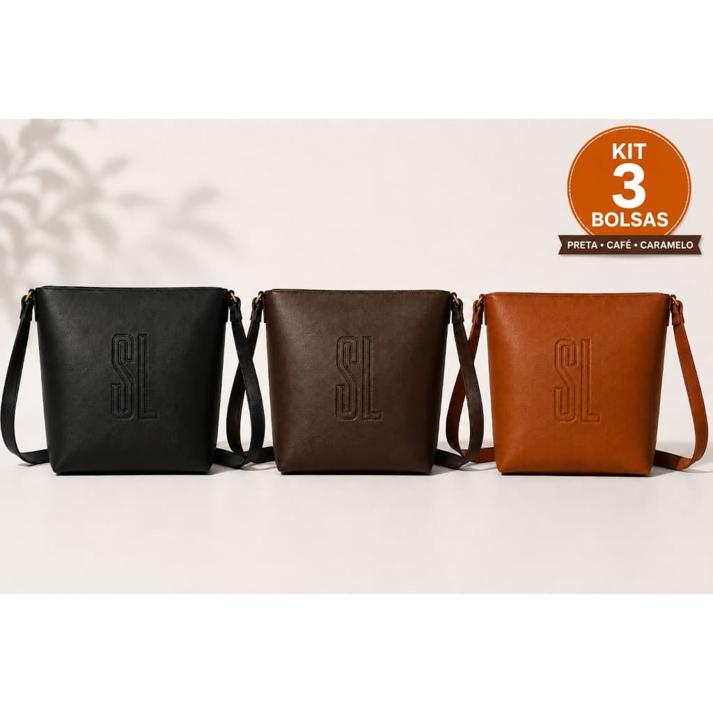 Kit 3 Bolsas Femininas Média Transversal Tiracolo Ombro Couro Ecológico Zíper Premium Dia Dia SL