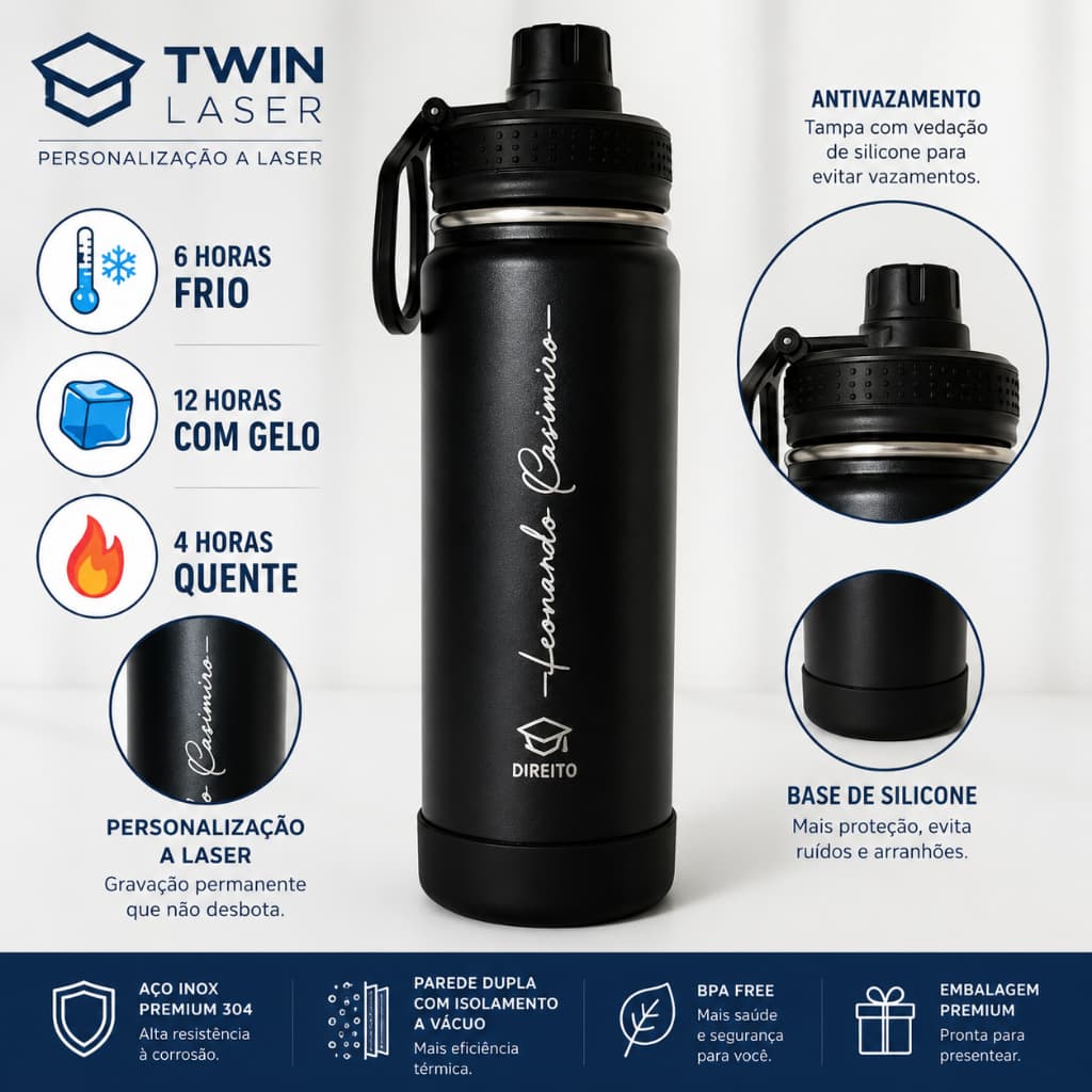 Garrafa Térmica Personalizada 600ML Inox Parede Dupla - Ideal para Academia Trabalho Viagens Presentes