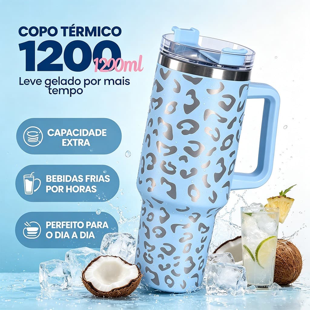 Garrafa Térmica Inox 1200ml com Canudo e Tampa, Parede Dupla – Copo Estampa Leopardo