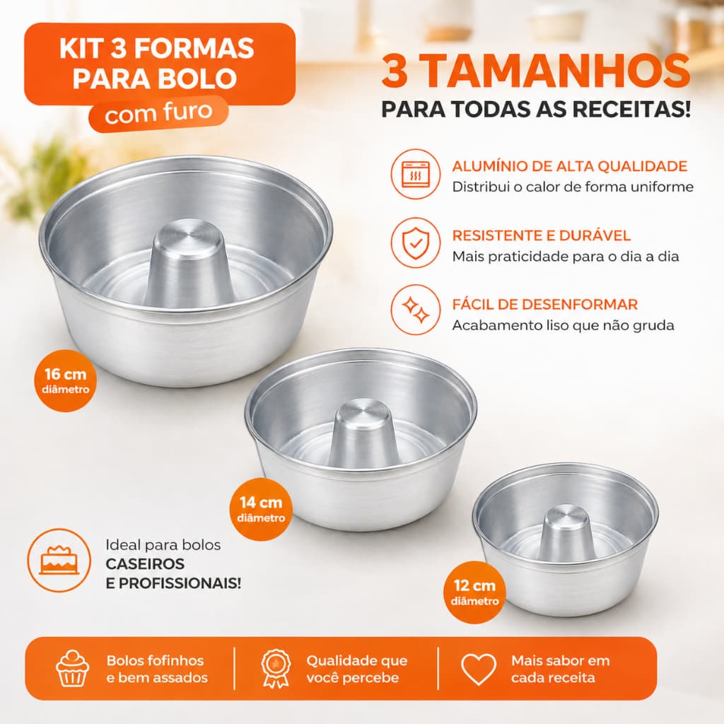 Kit 3 Formas de Bolo com Furo Alumínio (12cm, 14cm e 16cm) Alta Qualidade