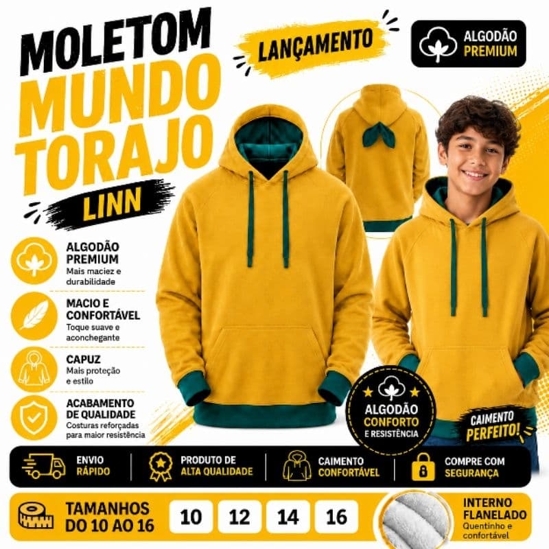 Blusa Moletom Amarelo Linn com Folhinha no CAPUZ Moletom do Linn Novo Lançamento Mundo Torajo Canguru
