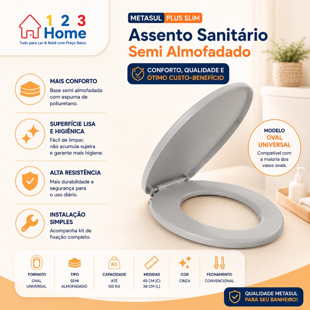 Assento Sanitário Almofadado Universal Oval Slim com Tampa Básico Plus