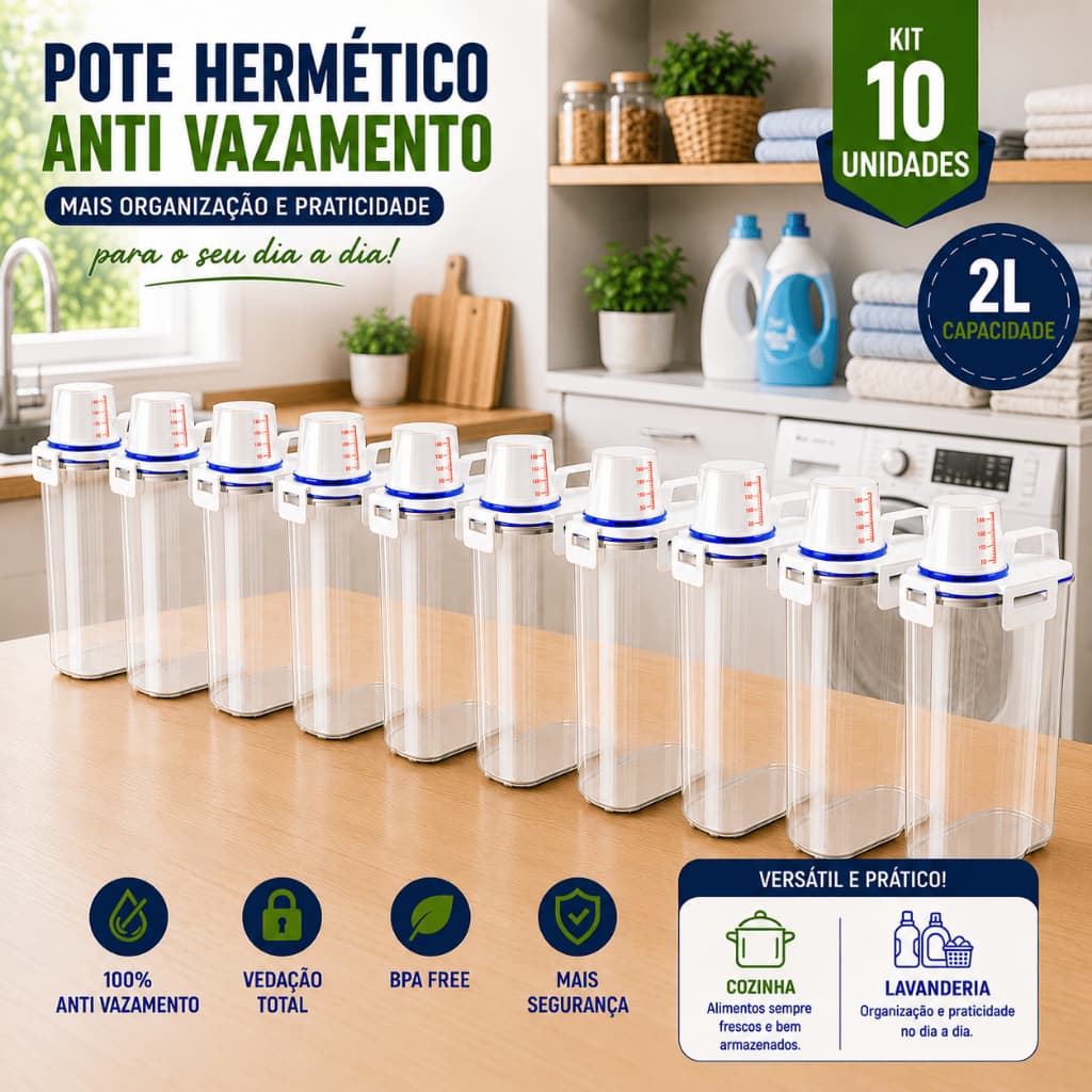 - Kit 10 Potes Hermético Organizador 2 Litros Porta Mantimentos Cozinha Lavanderia Ração BPA Free
