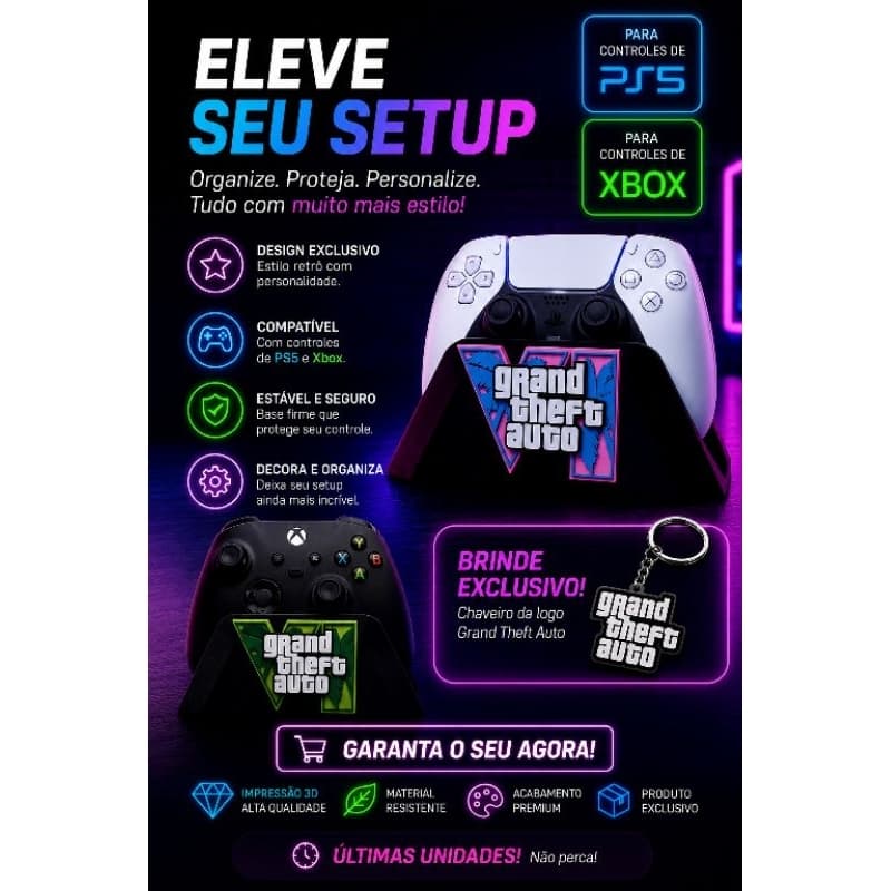 Suporte GTA VI Para Controle PS5 e Xbox  + BRINDE ( CHAVEIRO DA LOGO)  Exclusivo