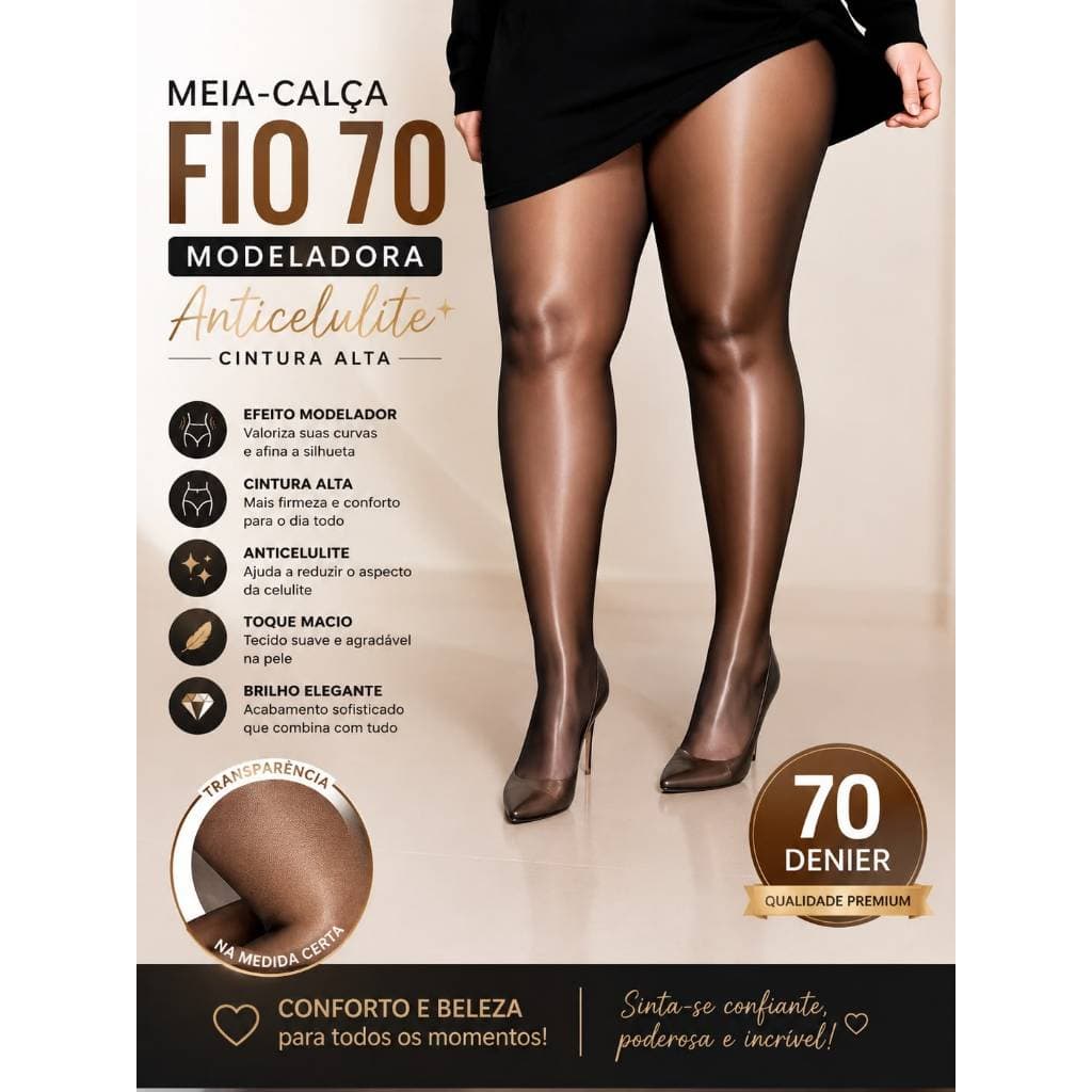 Meia-Calça Fio 70 Modeladora Anticelulite | Cintura Alta | Alta Elasticidade   Plus Size