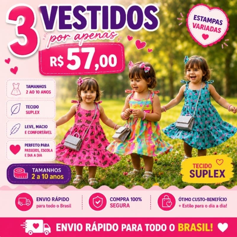 Kit 3 Vestidos Infantil Menina Suplex Estampado 2 ao 10 Anos | Estampas Variadas | Promoção