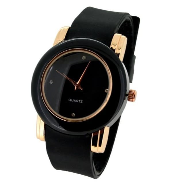 Relógio Feminino Preto Luxo Quartz Pulseira Silicone Detalhes Rose Gold Elegante