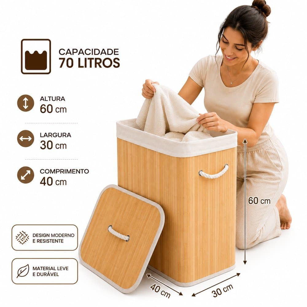 Cesto De Roupa Suja Bambu Dobravel Organizador Forrado com alças Banheiro 70L Grande Cesto Retangular