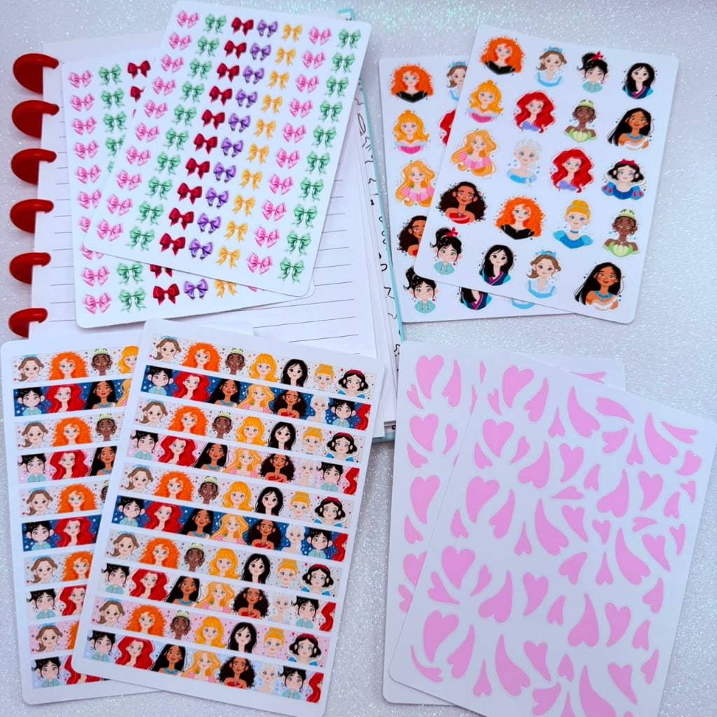 Kit 8 Cartelas de Adesivos Para Planner/Bullet Journal Pricesas Disney Fofas Laços e Corações
