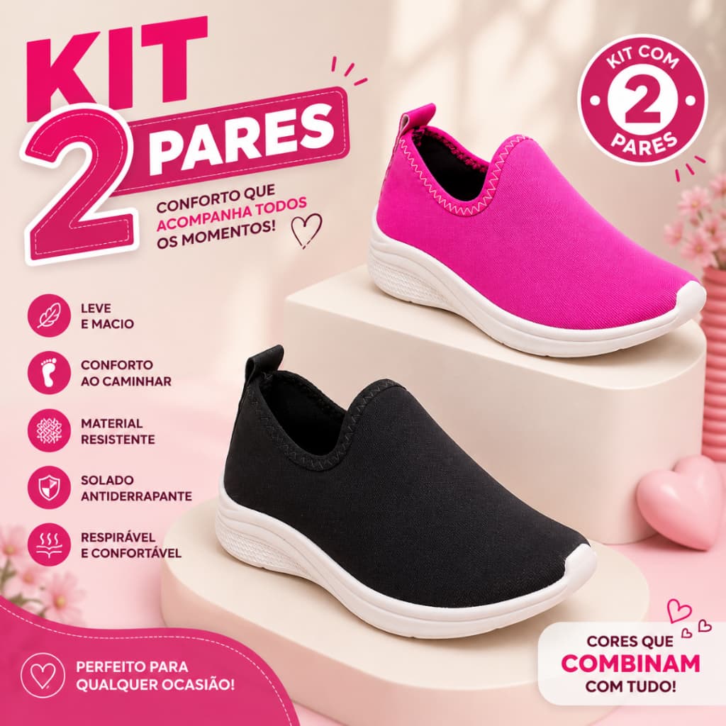 KIT 2 PARES TÊNIS CALCE FÁCIL MENINA ESCOLAR PASSEIO CONFORTÁVEL BARATO