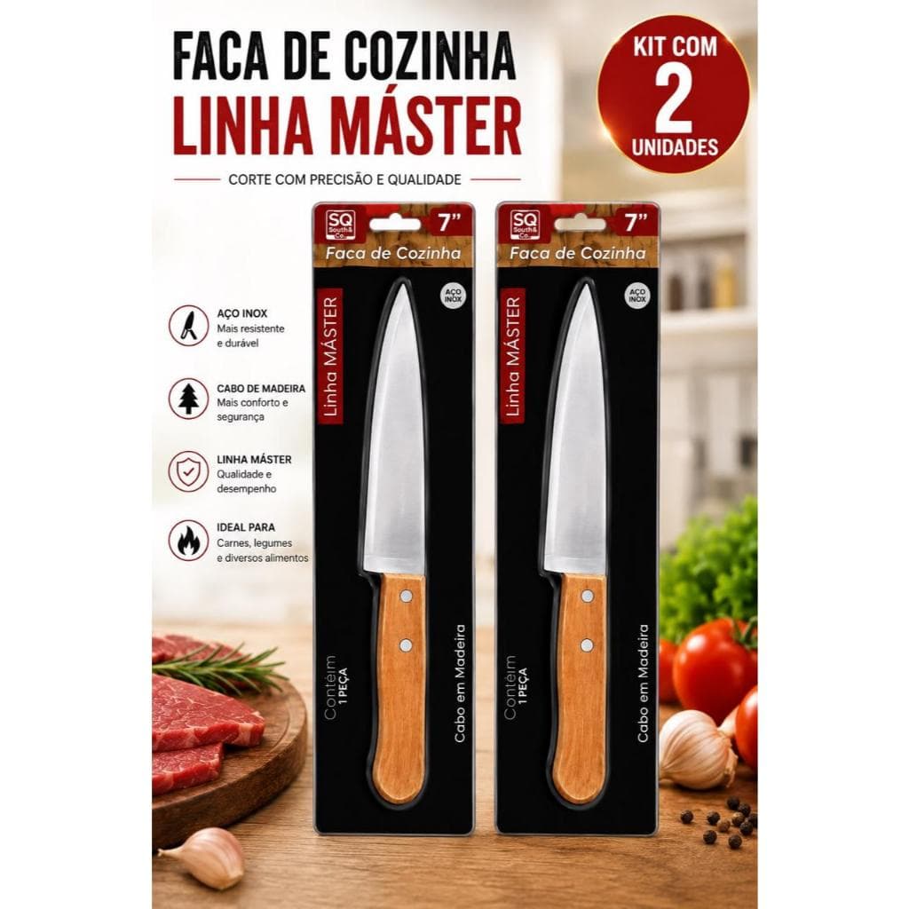 Kit 2 Facas de Cozinha 7 Polegadas Aço Inox Cabo de Madeira Multiuso para Carnes Legumes e Churrasco