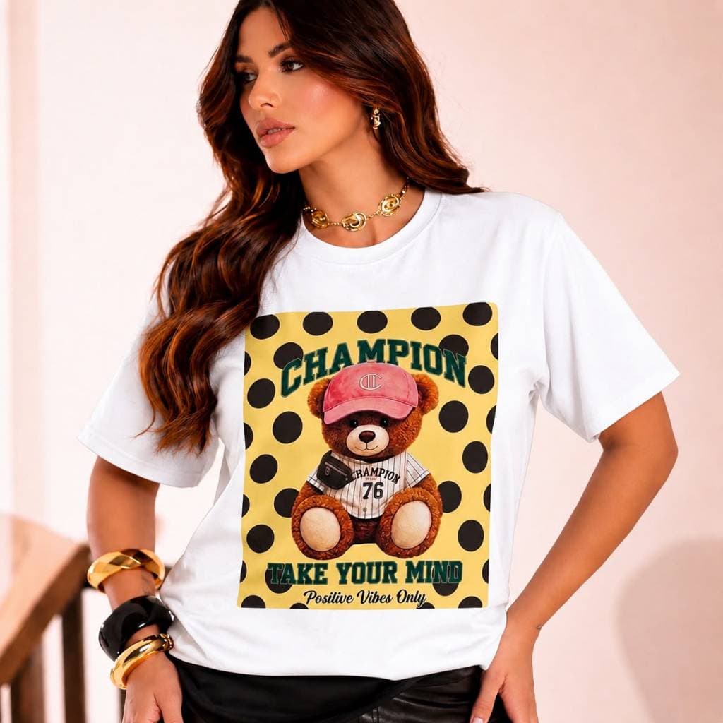 Camiseta Feminina Urso Poa T-shirt Algodão Premium Estampa HD Manga Curta