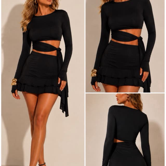 conjunto feminino manga longa com dedeira e amarração na lateral e saia com babado