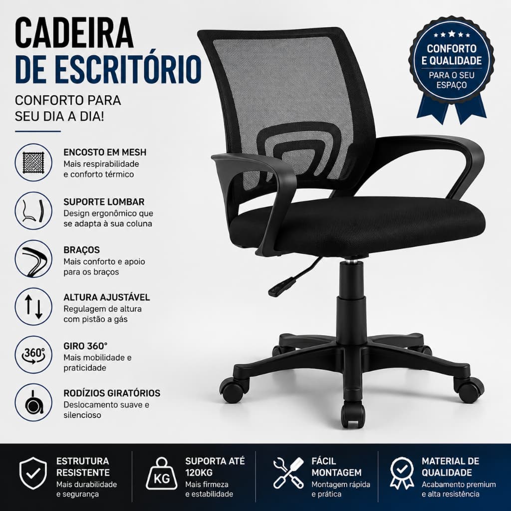 Cadeira de Escritório Ergonômica Nelis com Apoio Lombar Regulagem a Gás Mecanismo Relax Preta