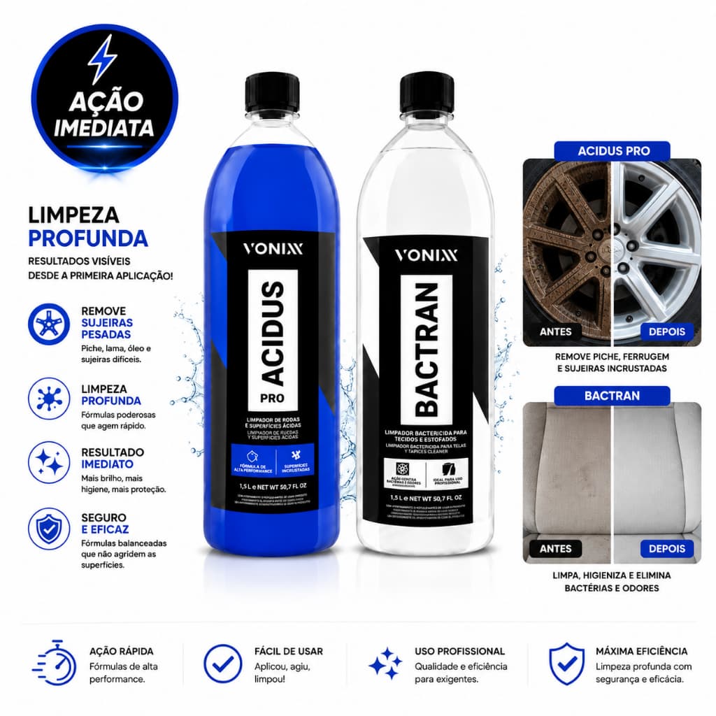 Kit Acidus Pro + Bactran Vonixx 1,5L Limpeza Pesada Automotiva