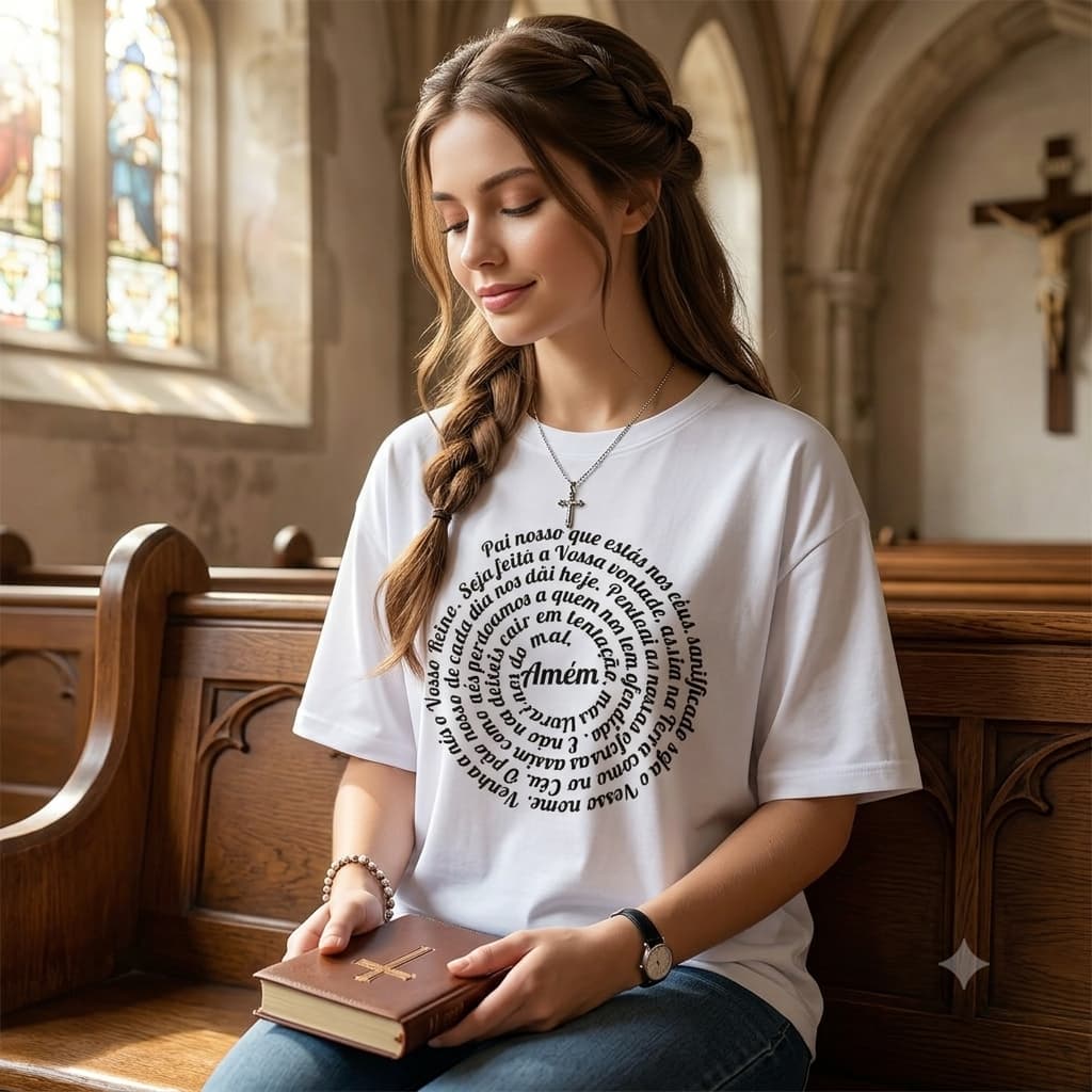 Camiseta Cristã Feminina e Masculina Camisa Unissex Estampado Pai Nosso 100% Algodão