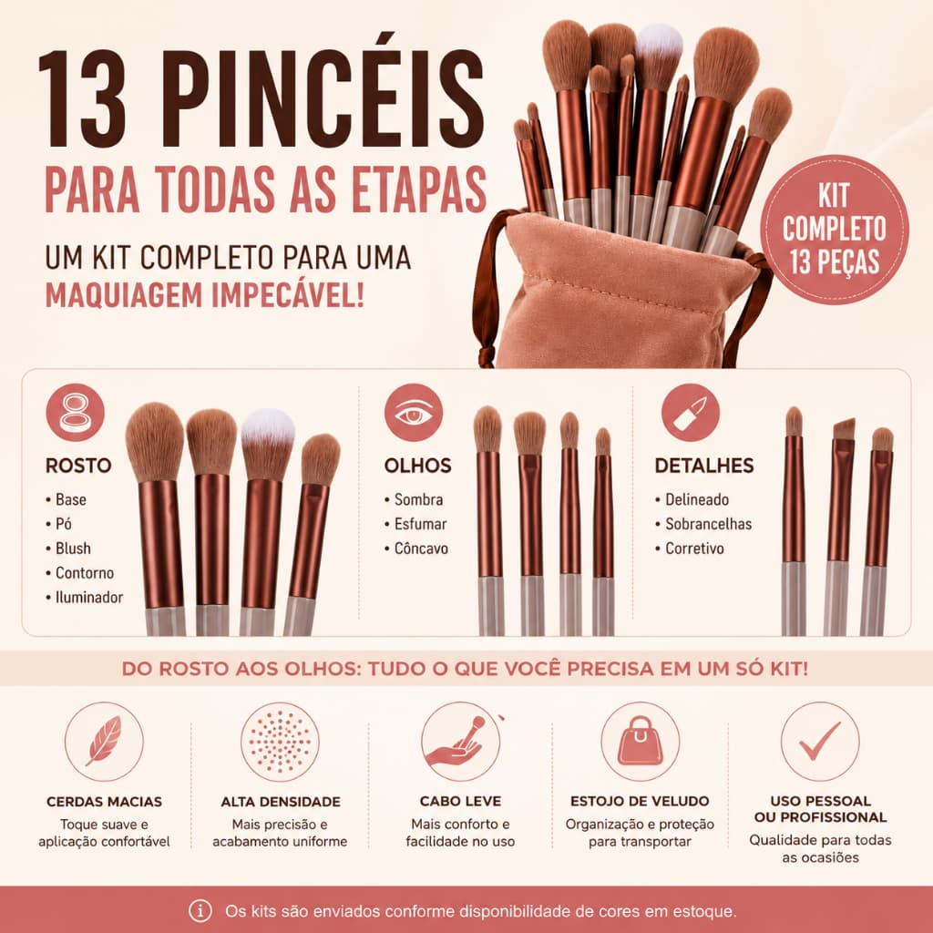 Kit Pincéis de Maquiagem 13 Peças com Estojo de Veludo Cerdas Macias Profissional Base Pó Blush Sombra