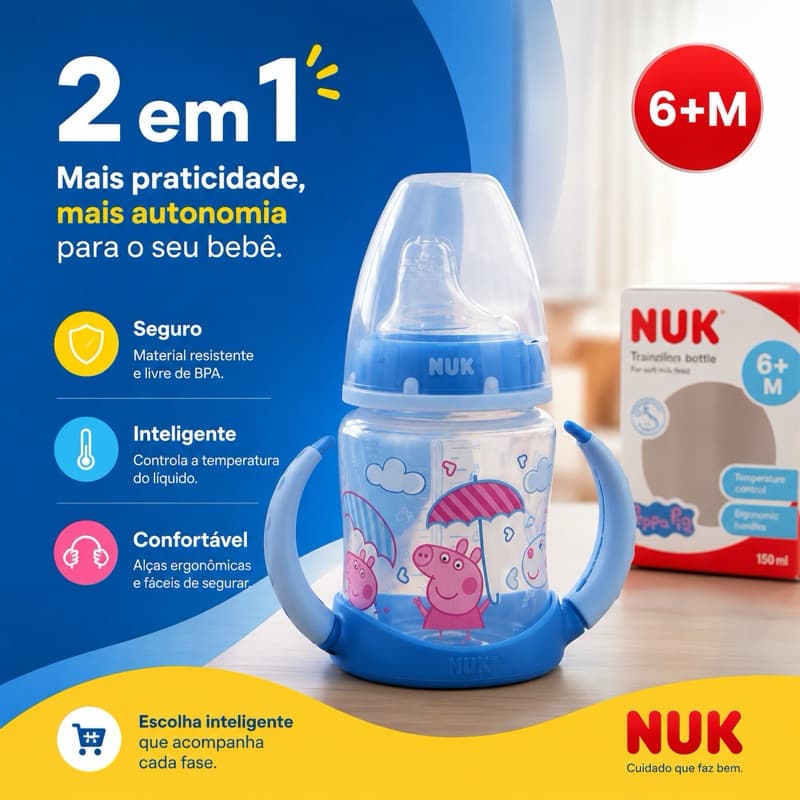 Copo de Treinamento NUK infantil vira mamadeira 2 em 1  First Choice Com alças controle de temperatura Peppa Pig 150ml