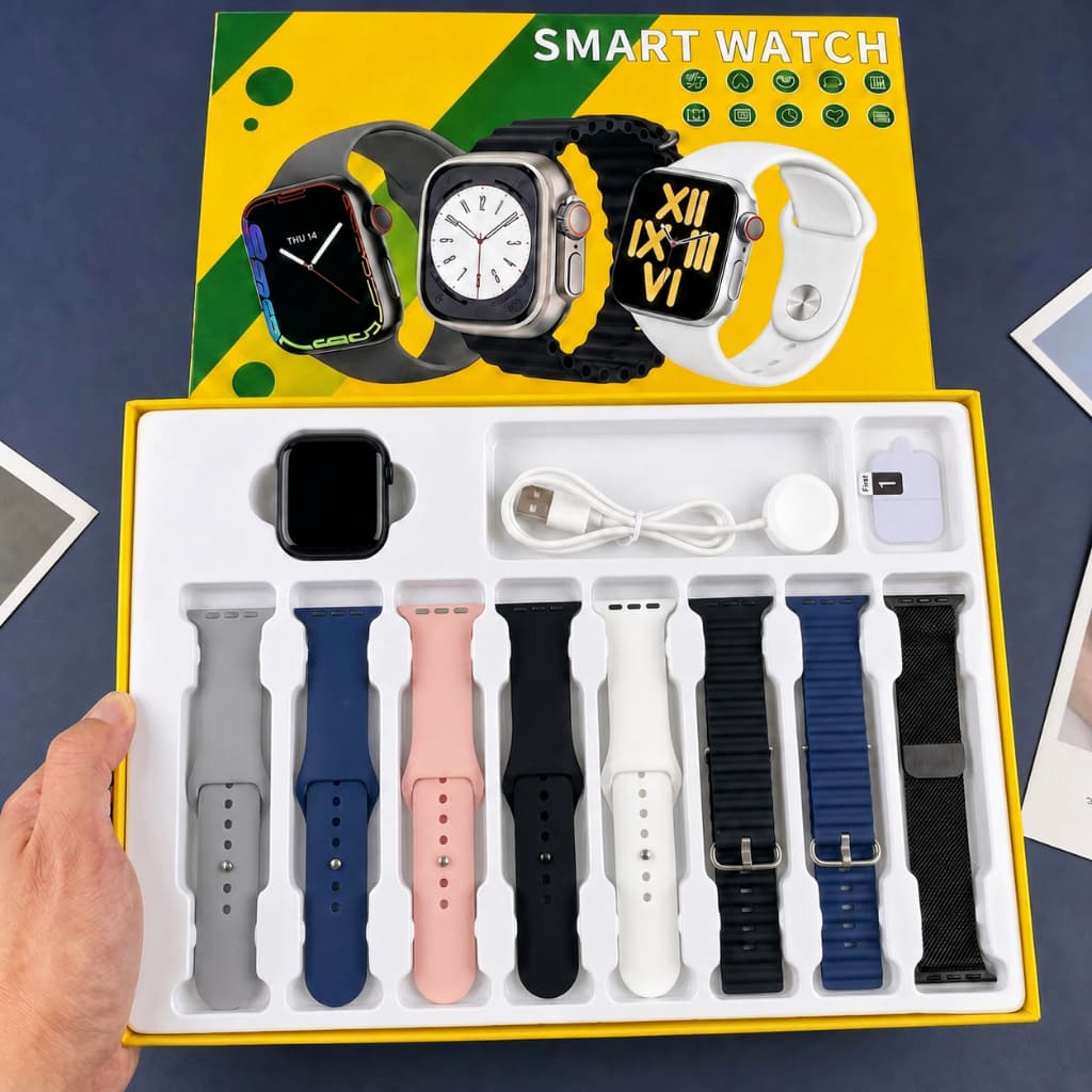 Novo Smartwatch 8 em 1 com Chamada Bluetooth, Pressão, Calculadora, Carregamento sem Fio e Compatível com Android e iOS