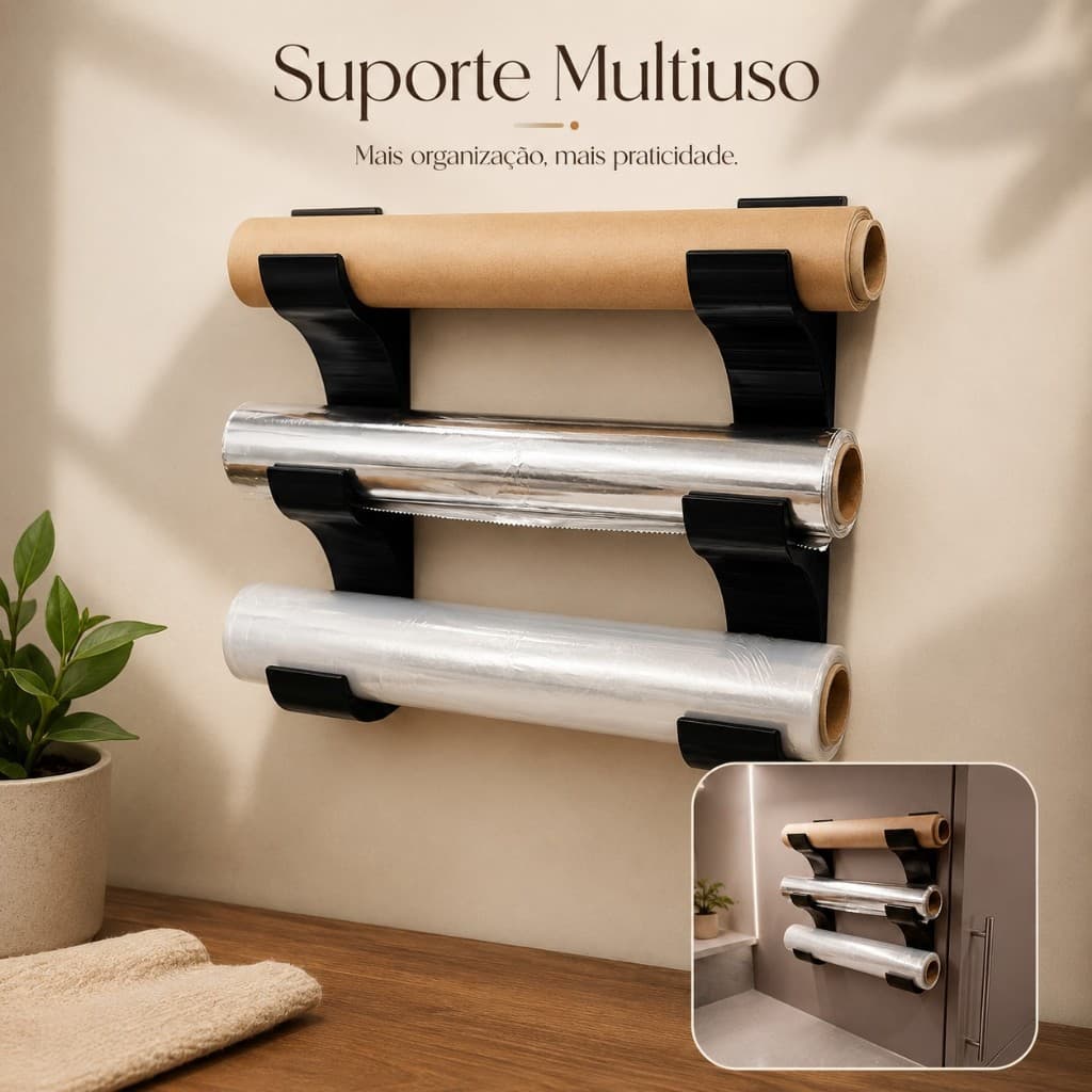 Suporte Multiuso para Rolos de Cozinha 3 em 1 – Organizador para Papel Alumínio Impressão Organizado