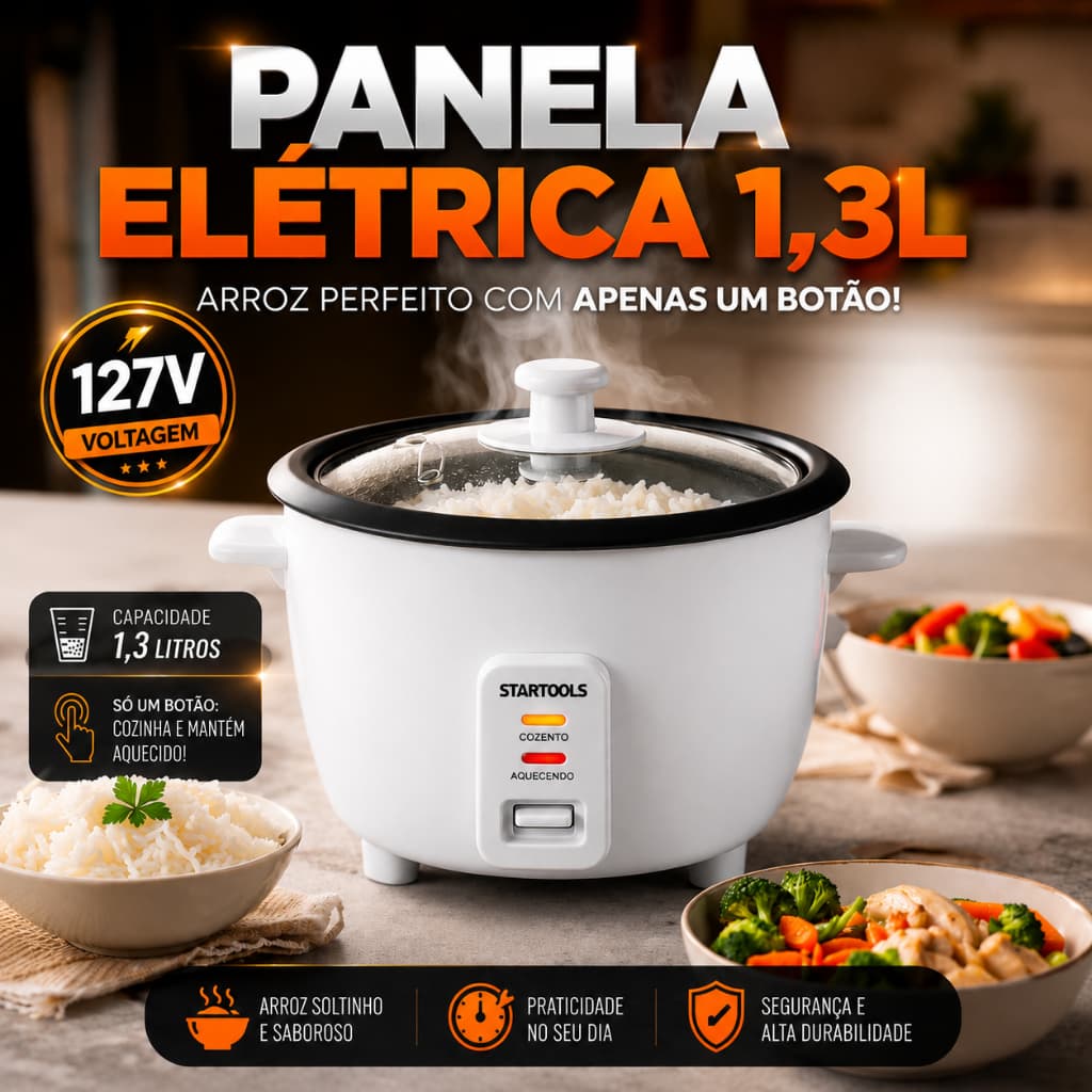Panela arroz elétrica 1,3 litros 127V branca copo medidor colher pra uso bandeja cozimento vapor