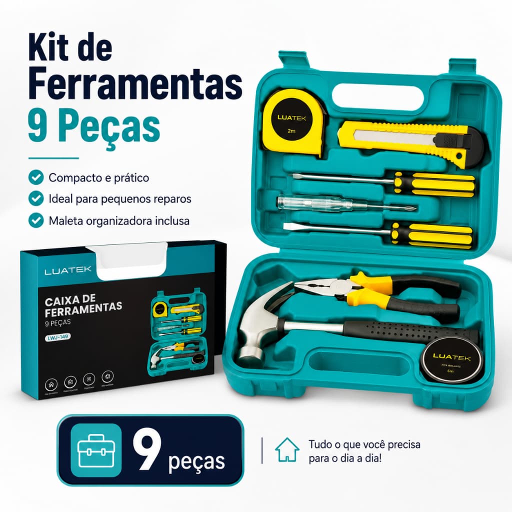 KIT Maleta Estojo Ferramentas 9 Peças Martelo Alicate Chave de Fenda Trena Portátil