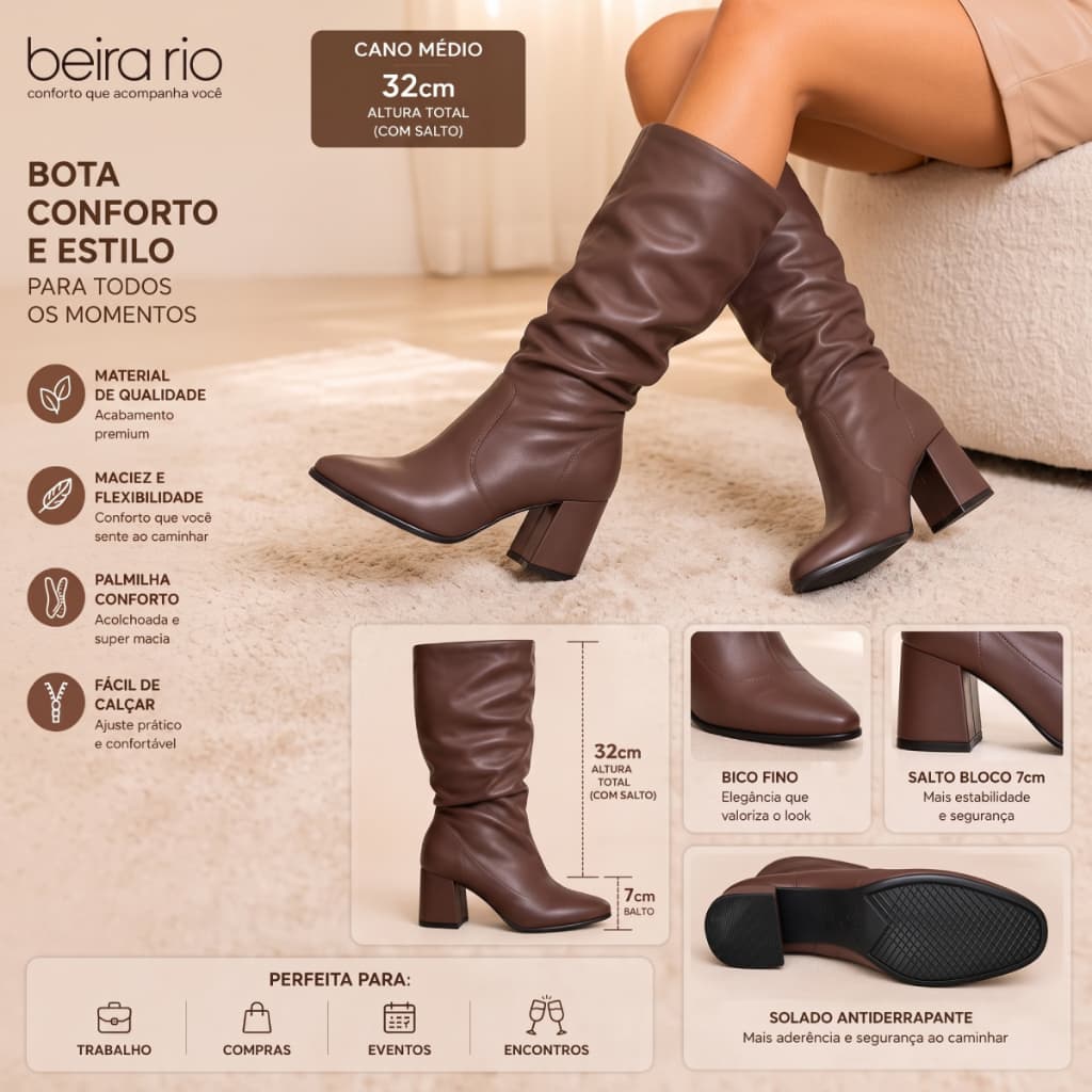 Bota Feminina Beira Rio Casual Cano Médio Slouchy Zíper Salto Baixo Grosso Enrugada Original