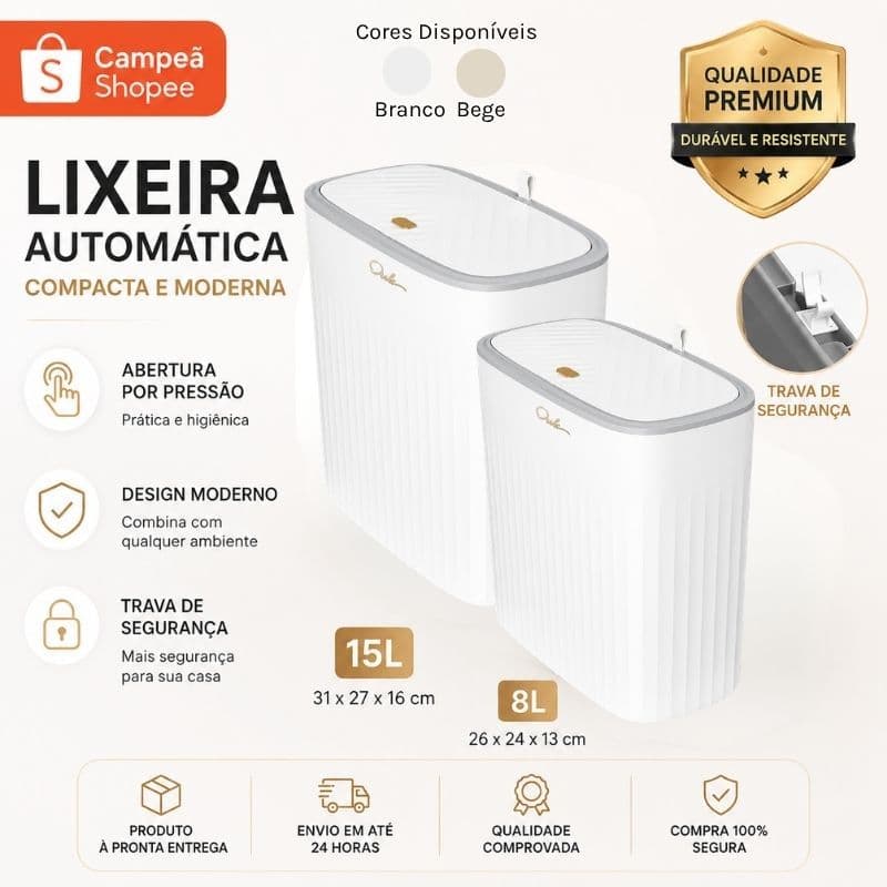 Lixeira Compacta 15L e 8L Tampa Click Antiodor para Cozinha Banheiro Lavanderia Branca Bege Slim