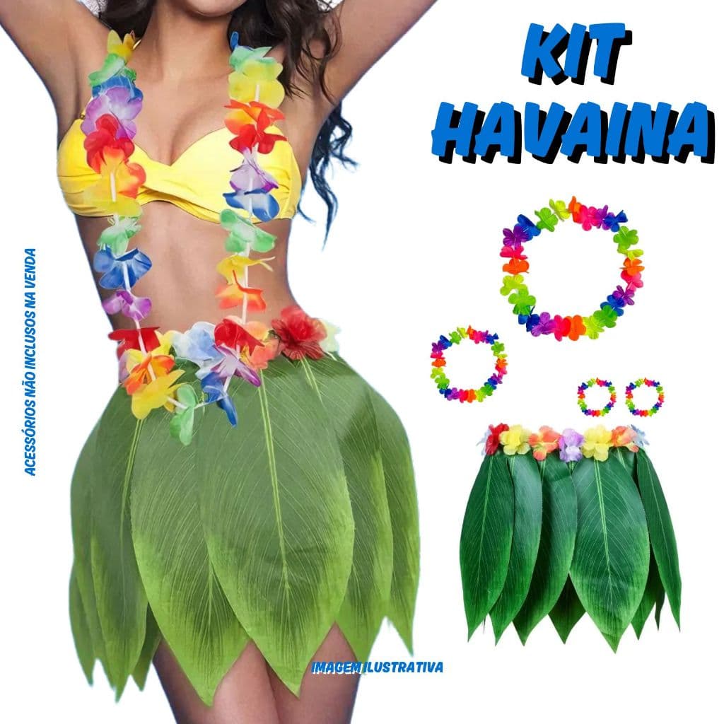 Conjunto Fantasia Havaiana Saia de Folhas Verde 40cm com Acessórios Luau 4 peças Carnaval Apresentação Evento Festa