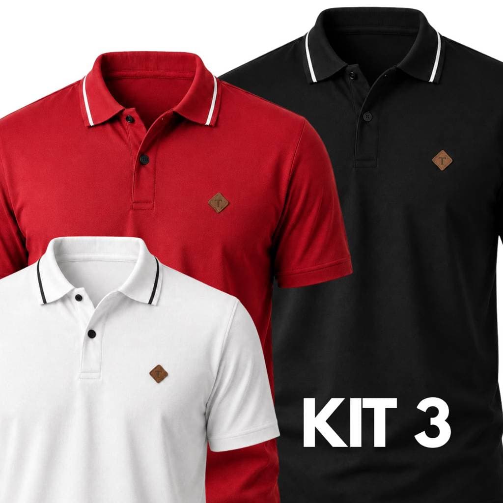 Kit 3/2 Camisa Polo Masculina Algodão Premium Do P Ao G3 Camiseta Vermelha Preta e Branca