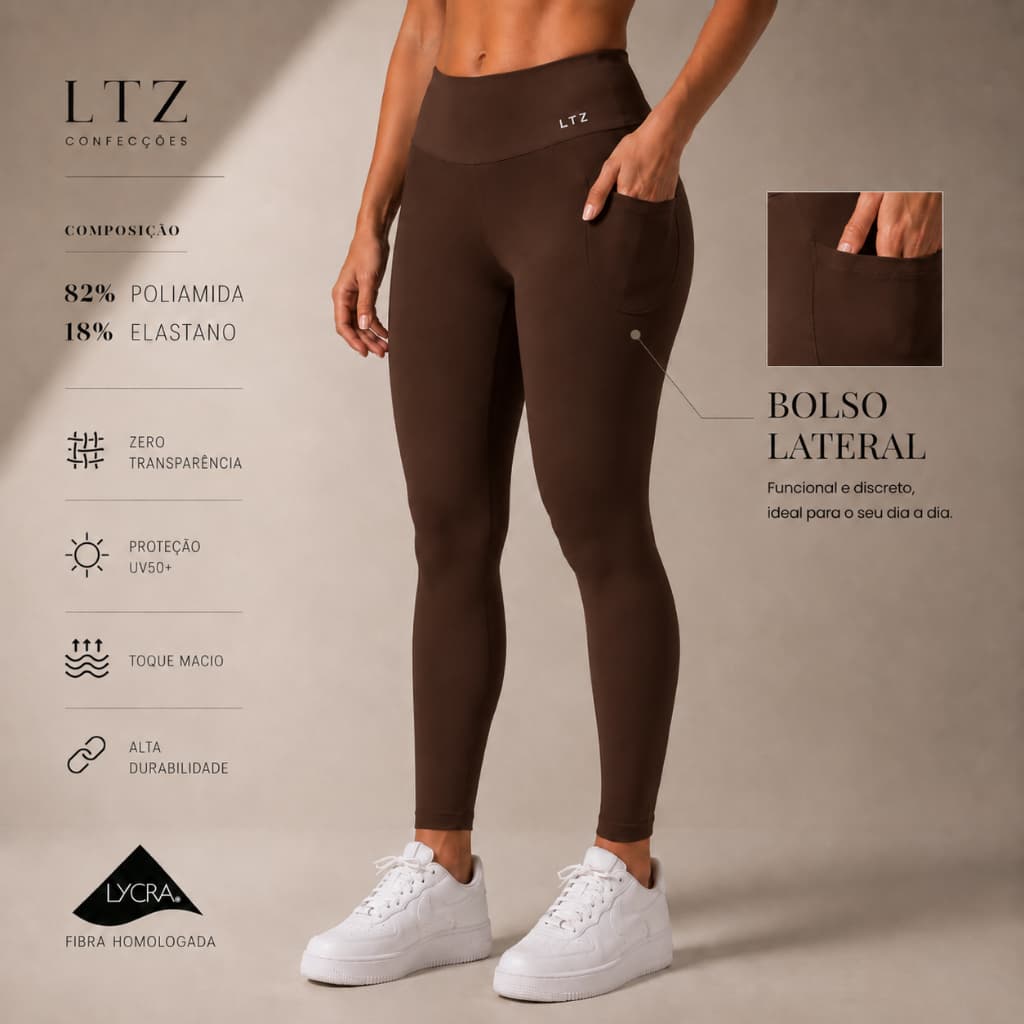Legging Fitness Poliamida Premium Cintura Alta e Bolso Lateral