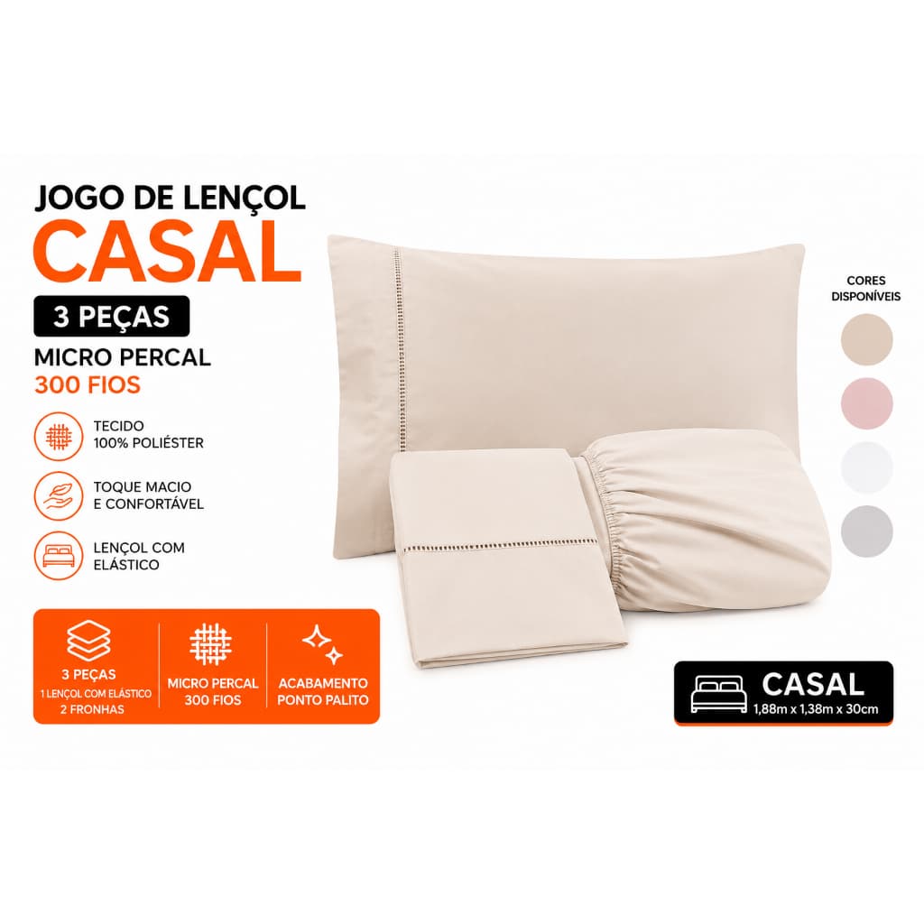 Jogo de Lençol 3 Pçs Casal Padrão Micropercal 300 Fios com Elastico