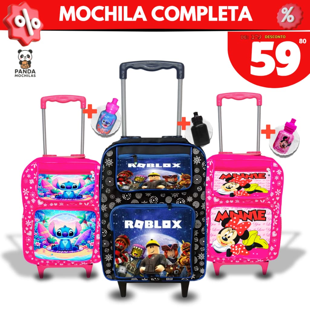 Mochila Escolar com 3 bolsos - Rodinha - Menino - Menina
