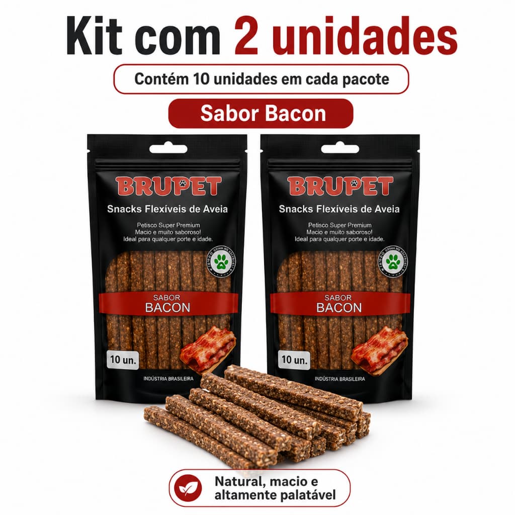 Kit 2un Palito Flexível Aveia Sabor Bacon Brupet 10 Unidades Petisco Natural Premium Bifinho Cães Cachorro