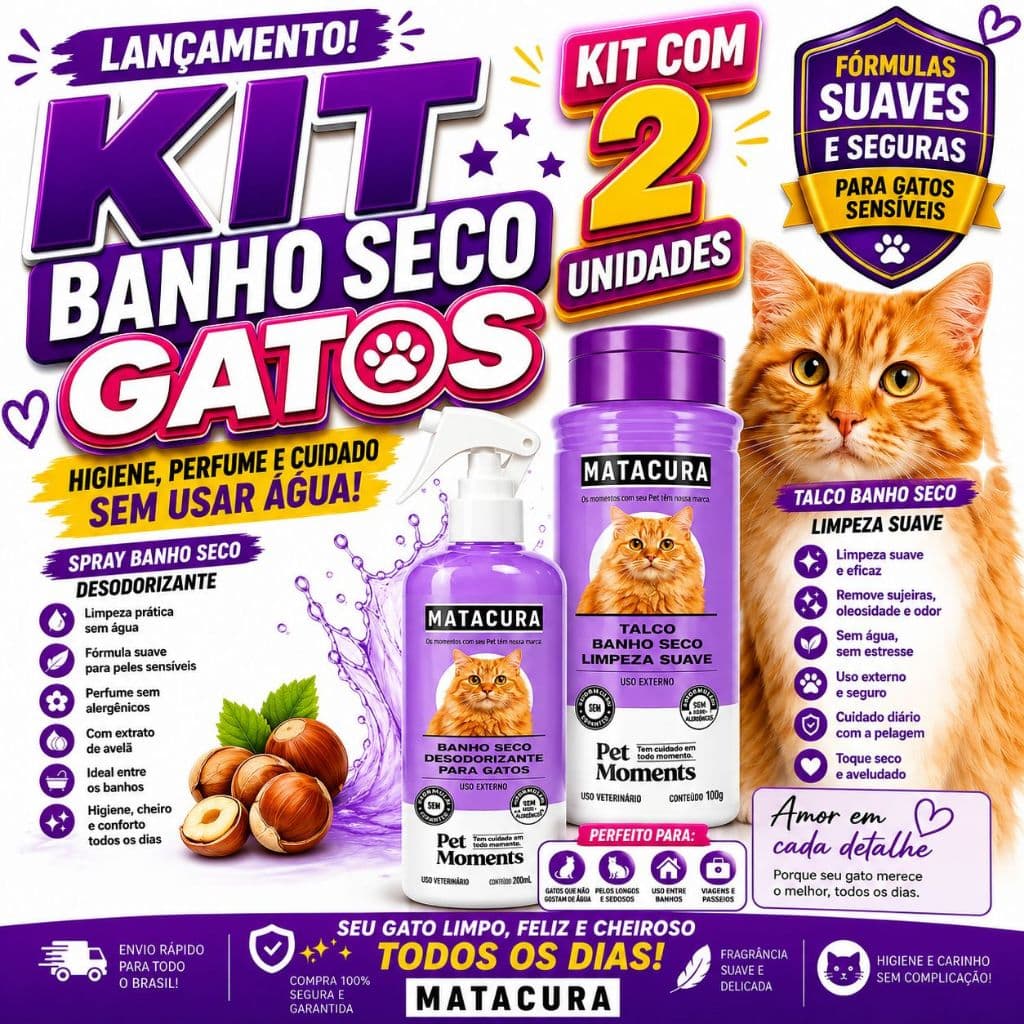 Kit Matacura Banho Seco Spray Desodorizante 200ml e Talco Banho Seco para Gatos 100g