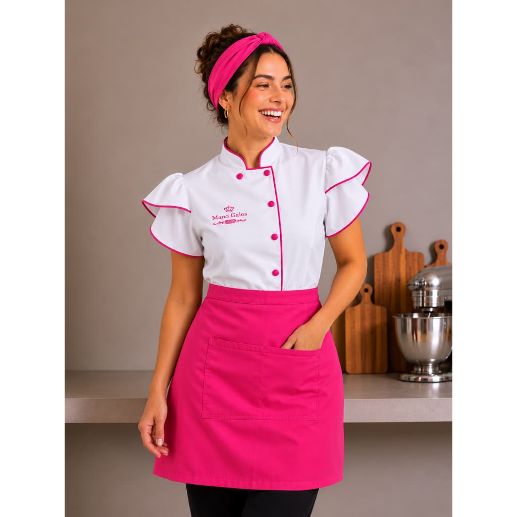 Nº1 Kit Dolmã Princesa + Avental+ Faixa Chef Confeiteira Cozinha Gabardine Oxford Bordado | Uniforme Dolma Doma