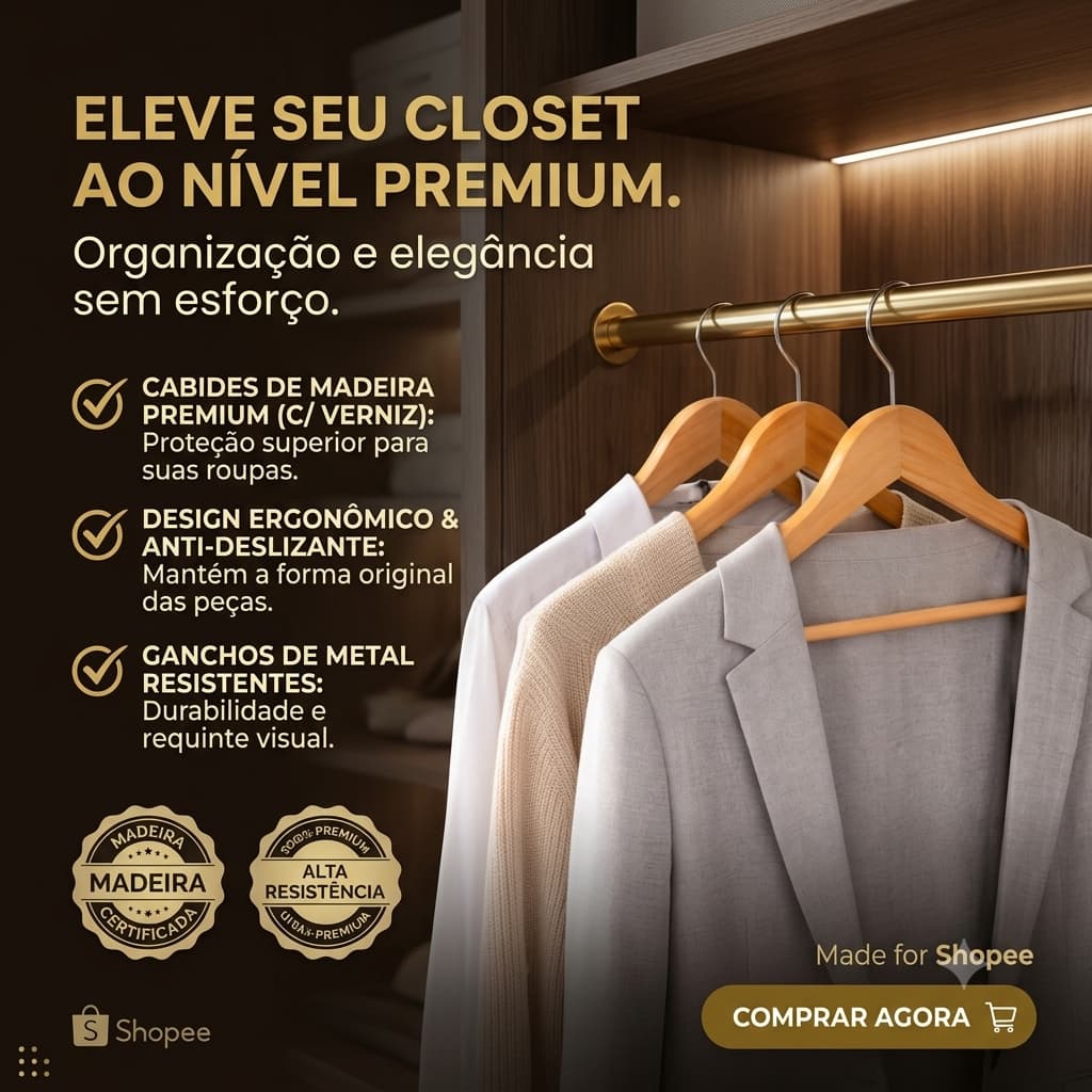 Kit 6- 12- 24 Unidades Cabides Madeira Maciça Acabamento Verniz Roupa Organizador Closet Resistente