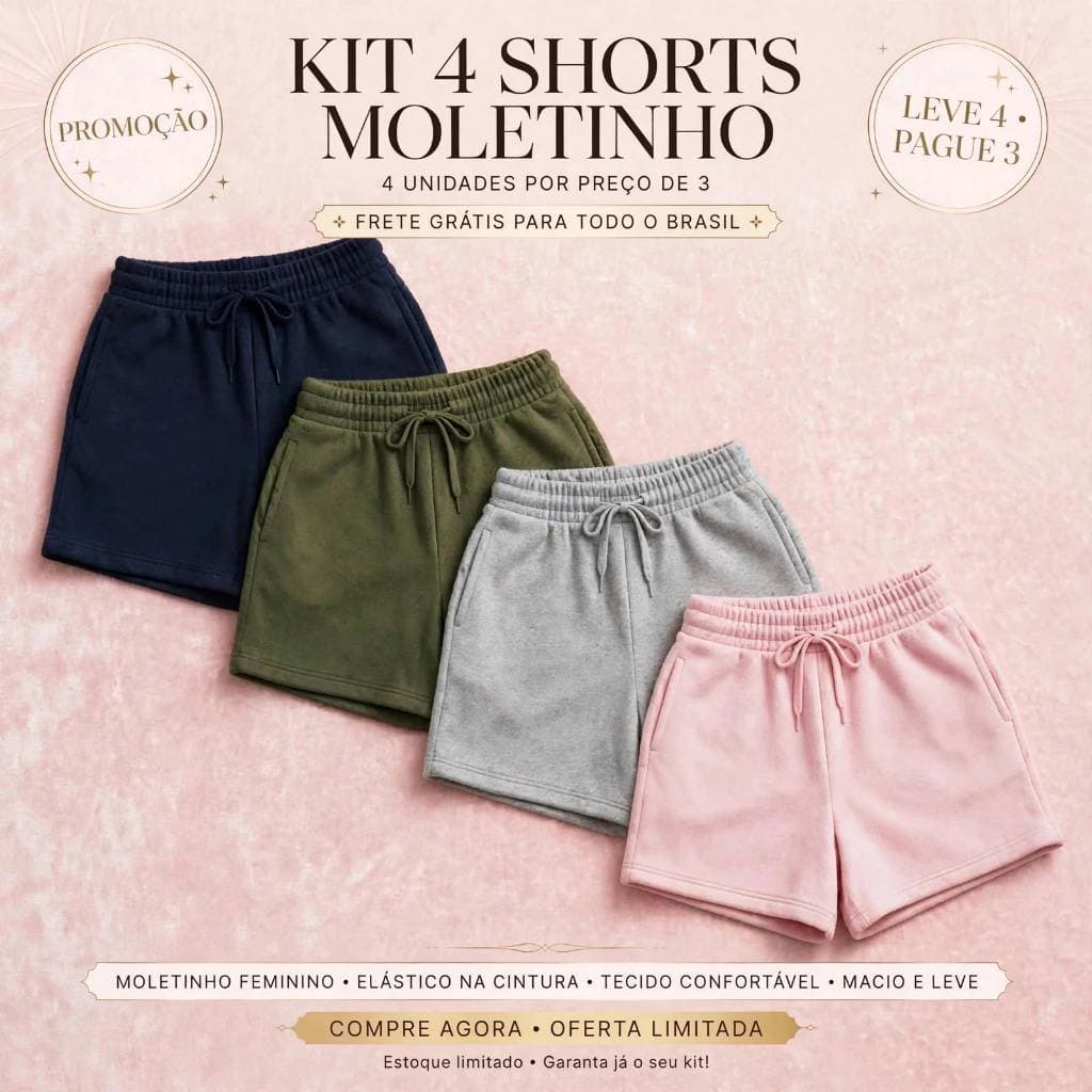 Kit 4 Shorts Feminino Moletinho Moletom Liso Bolso Lateral Elástico Cintura Tendência