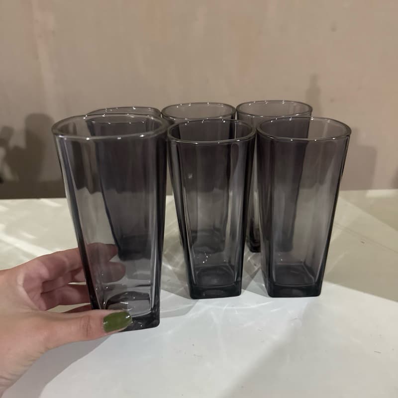 Jogo de copo preto de vidro com 6 peças quadrado 280ml para cozinha preta kit conjunto copos na caixa cinza moderno