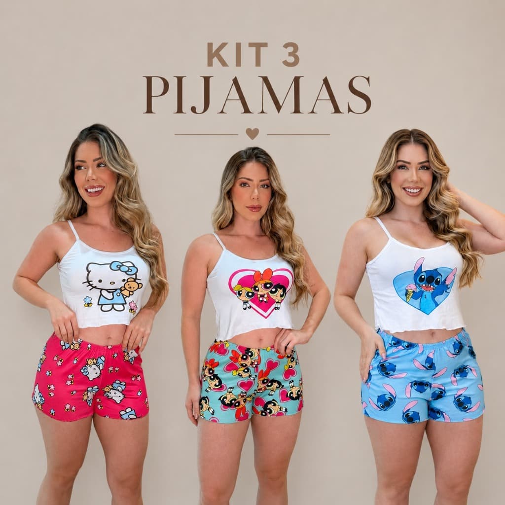 KIT 3 Baby Doll Feminino 6 Peças Pijama Personagem Promoção Suede Confortável Leve Atacado Revenda..