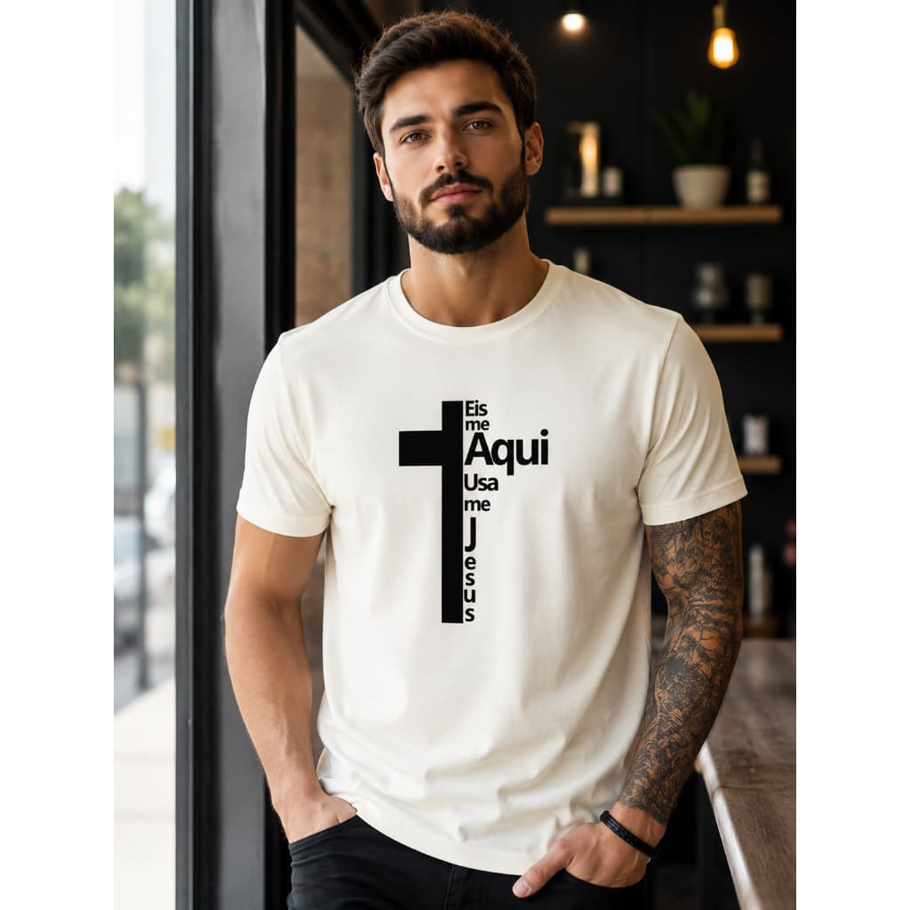 Camiseta Masculina 100% Algodão Estampa Cruz "Eis-me Aqui Usa-me Jesus" Fé Religiosa Casual Estilo Streetwear