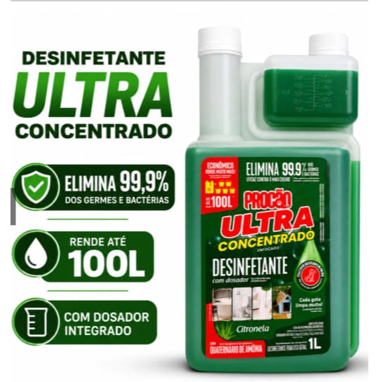 Ultra Desinfetante Concentrado Bactericida de Citronela 1L - Rende até 100 Litros