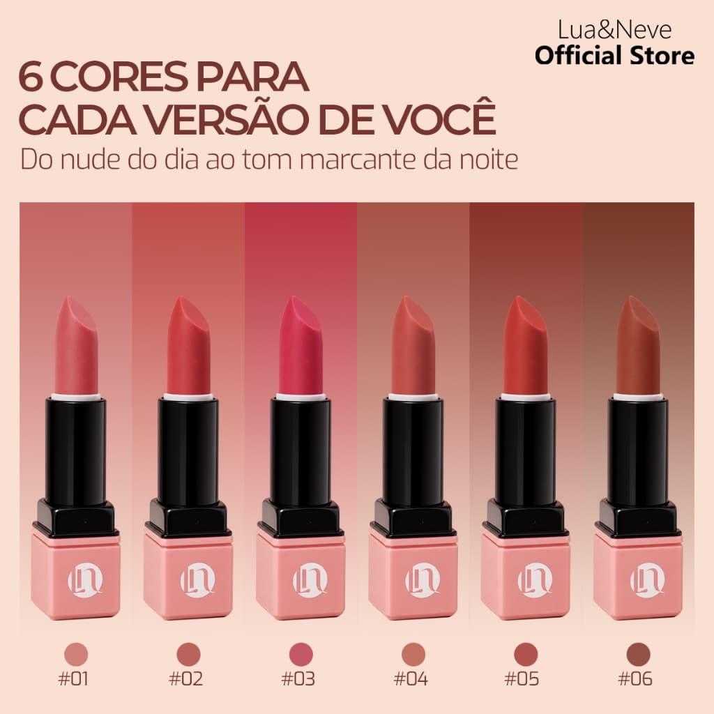 Batom Semi Matte Alta Pigmentação Não Transfere Acabamento Aveludado 6 Cores 3,1g Lua&Neve