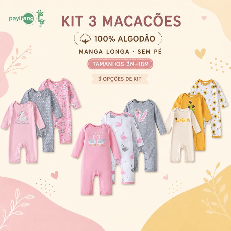 Payifang Kit Macacão Bebê Menina 3 Peças Manga Longa Sem Pé 100% Algodão Roupa de Bebê Menina Inverno 3M-18M