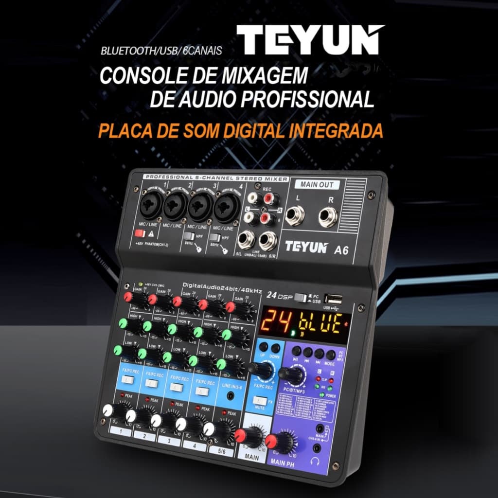Teyun Mesa de Som Profissional A6 6 Canais 24 Efeitos DSP Integrados para Live Gravação Karaokê