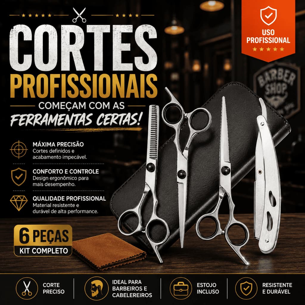 Kit Tesoura Profissional Barbeiro 6 Peças Fio Laser Desfiadeira Navalhete