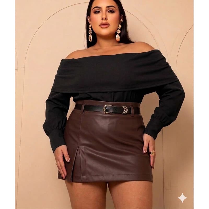 Shorts saia COURO fake com CINTO moda feminina cintura alta saia atrás e frente